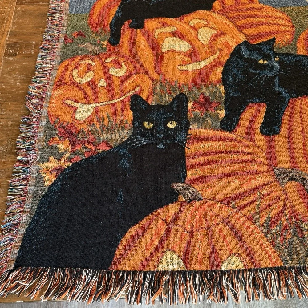 Halloween Black Cat Pumpkin Tapestry Autumn Fall Decor Blanket Throw 63